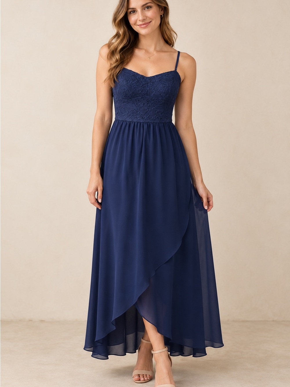 Lily Rose Navy Lace Chiffon Maxi Dress Women’s M Spaghetti Strap Formal